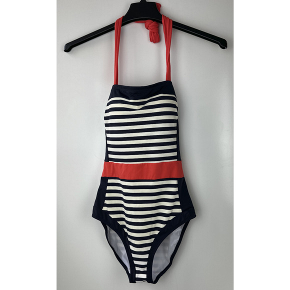 Boden Santorini Halterneck Swimsuit 1 Piece Red Navy White Stripe US Size 8 - Picture 2 of 14